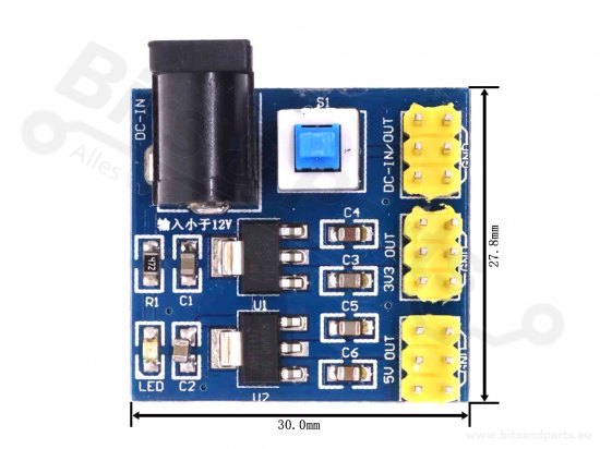 Voedingsmodule multi 6V-12V naar 3,3V en 5V met schakelaar (800mA) 